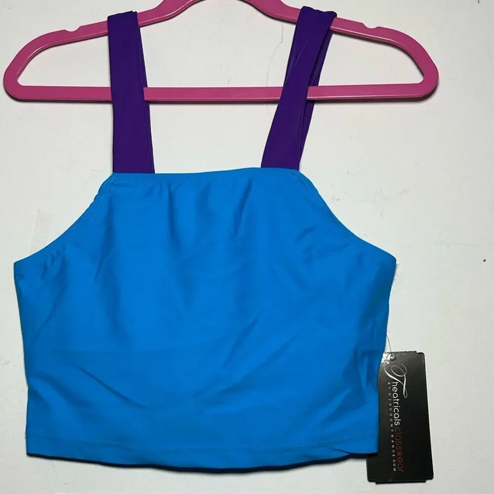 SET Theatricals dance 2 piece Purple blue Dancewear Crop Top Biker Shorts XS NWT